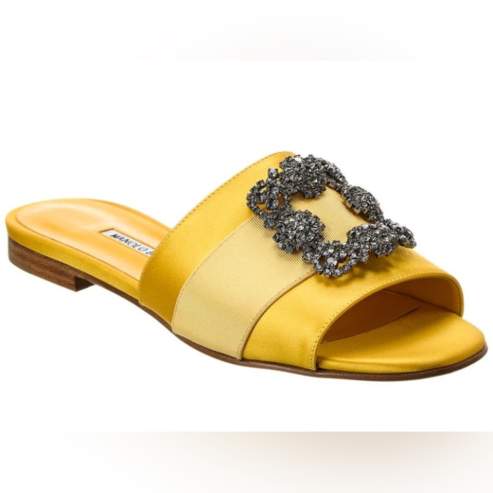 NEW Manolo Blahnik Martamod Hangisi Satin Jewel Buckled Flat Sandals Size 37